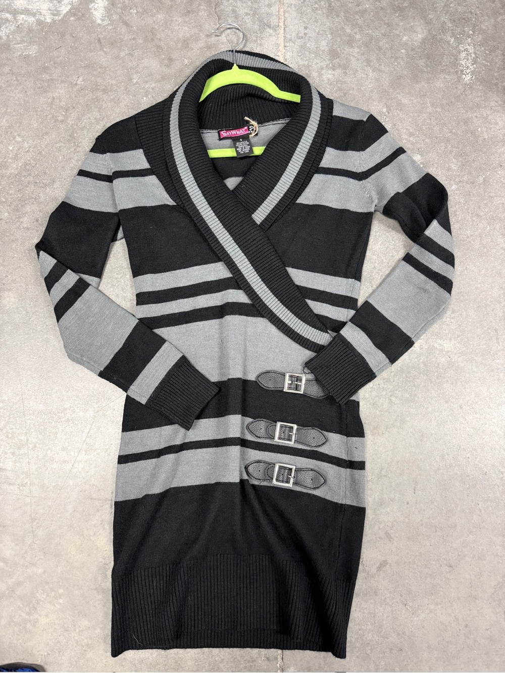 Say What? Black & Gray Striped V-Neck Sweater Dress with Buckle Accents